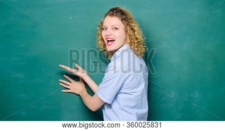 Good Teacher Master Of Simplification. Teaching Could Be More Fun. Woman Teacher In Front Of Chalkbo