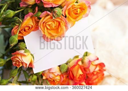Nvitation Wedding Card With Bright Rose Flowers On White Background