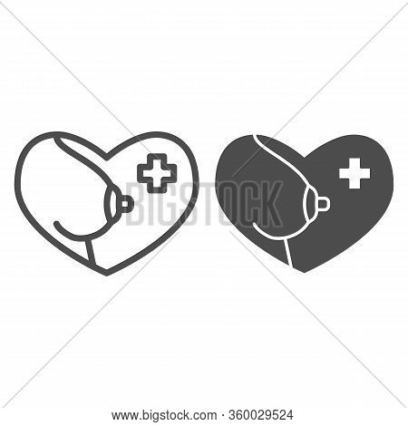 Woman Breast Care Line And Solid Icon. Female Bubs Heart Shape With Medicine Cross Outline Style Pic