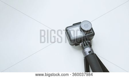 Chekhov, Russia - March 8, 2020: Dji Osmo Action And Tripod Isolated On White Background. Action Cam
