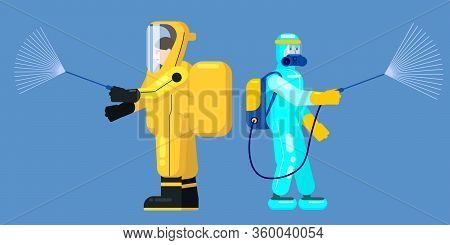 Mans Edical Scientists In Chemical Protection Suit Disinfects Spray To Cleaning And Disinfect Virus 