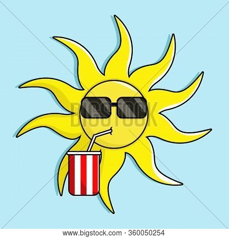 Simple Cute Illustration Of Mister Sun Has A Drink Using A Straw