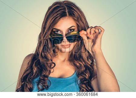 Headshot Serious Angry Bitchy Woman Wife Holding Sunglasses Down Skeptically Looking At You Isolated