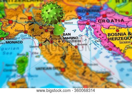 Covid-19 Outbreak Or New Coronavirus, 2019-ncov, Virus Pin In San Marino On Map Of Italy. Covid 19-n
