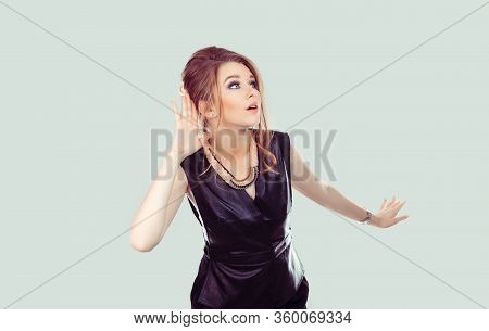Nosy. Closeup Portrait Surprised Young Woman Hand To Ear Gesture Carefully Intently Secretly Listeni