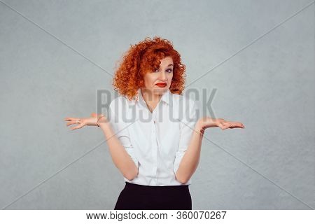 I Have No Idea. Portrait Dumb Looking Woman Arms Out Shrugs Shoulders Who Cares So What I Don't Know