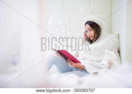 Wfh: Caucasian Asian Woman Stay Home Stay Safe. Social Distancing And Physical Distancing. Lifestyle