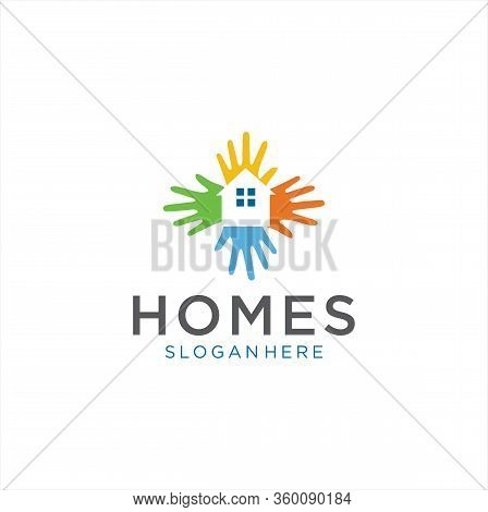 Hand Home Care Logo Design Colorful . Real Estate Hand Logo Template Colourfull Illustration. House 