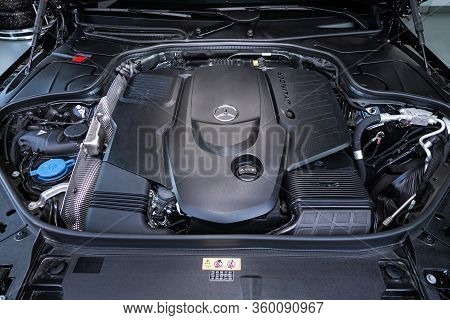 Novosibirsk, Russia - April  02, 2020  Mercedes-benz S-class, Car Engine Close-up. Internal Combusti