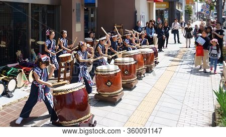 Ashikaga, Tochigi / Japan April 29, 2019: Taiko Drummers. Street Performance And The City