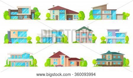 Private Houses And Hones, Reals Estate Facades Vector Flat Icons. Residential Villas And Mansion Bui