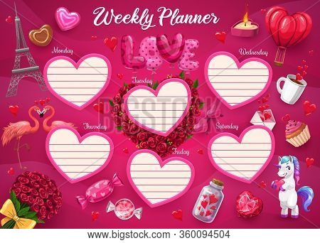 Weekly Planner With Heart Frames, Girl Daily Schedule Organizer, Vector School Plan. Weekly Planner 