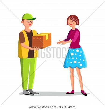 Courier Delivering Carton Box To Woman Vector