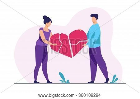 Couple Mending Broken Pieces Of Heart. Young Man And Woman Holding Red Heart Shape With Cracks. Vect