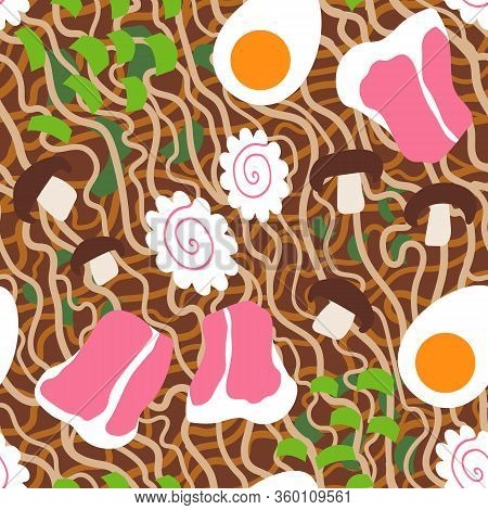 Japanese Ramen Noodle Soup With Sliced Green Onions, Pork Meat, Surimi And Mushrooms. Vector Seamles