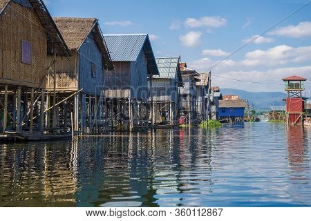 Traditional Burmese Rural Houses On A Rustic Street. Inle Lake, Myanmar (burma)