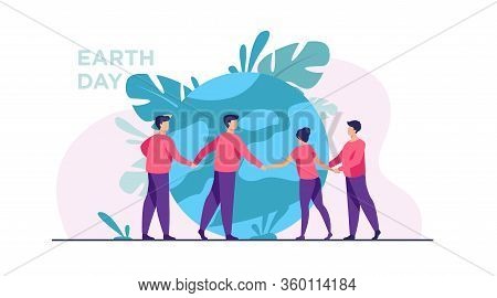 People Walking Around Globe And Holding Each Other By Hands Flat Vector Illustration. Tiny People Sa