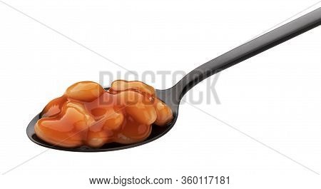 Spoon Of Baked Beans In Tomato Sauce Isolated On White Background