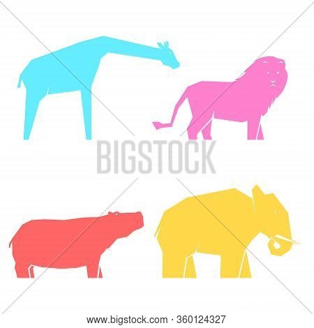 Set Of Multi-colored African Animals In Different Poses, Lions And Hippos, Elephants And Giraffes, V