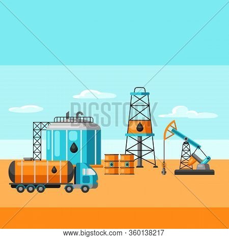 Illustration Of Oil Production. Industrial And Business Landscape Background.