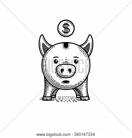Piggy Bank Engraving Black White Vector Illustration