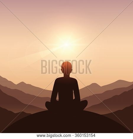 Peace Of Mind Meditation Concept Silhouette With Mountain Background Vector Illustration Eps10