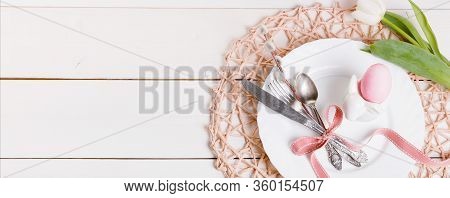 Easter Background With Pink Easter Eggs, Pussy-willow And Cutlery. Top View, Banner
