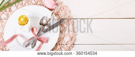 Easter Background With Gold Easter Eggs, Pussy-willow And Cutlery. Top View, Banner