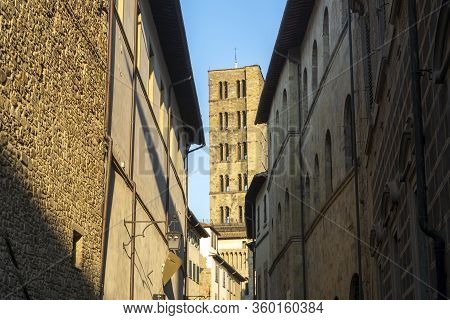 Historic Buildings In Arezzo, Tuscany, Italy. Belfry Of Santa Maria Della Pieve