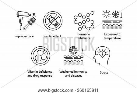 Cause Of Hair Fall Black Line Icons Set. Factors Due To Which The Amount Of Hair On A Person S Head 