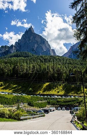 Alpe Di Siusi, Italy - August 14, 2019: Santner Peak With Alpe Di Siusi Cable Car In The Foreground.