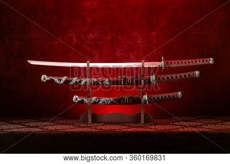 Three Swords On Stand, Katana Blade Exposed, Red