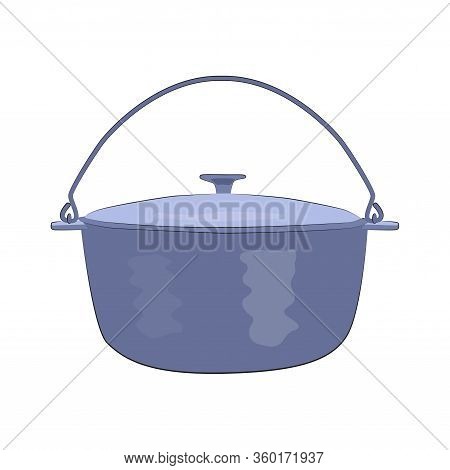 Icon Metal Hiking Pot Or Cauldron In Flat Style. Hiking Pot For Tourism And Cooking On A Fire, Hikin