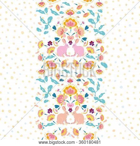 Vector Folk Art Boho Easter Bunny Vertical Border On White Dotted Background. Happy Spring Design. E
