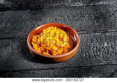 Background Black Burnt Charred Forest, Structure, Clay Plate Brown, Fried Cabbage Bigus