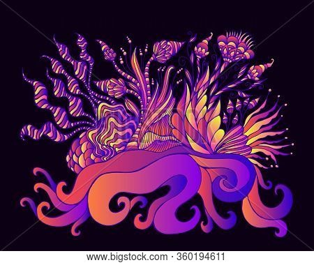 Psychedelic Fantastic Landscape With Bloomming Garden, Amazing Alien Flowers And Plant, Bright Orage