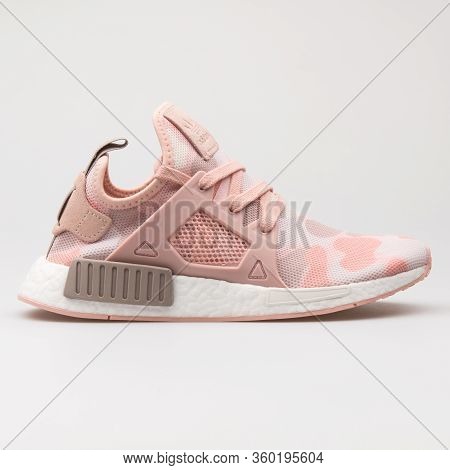 Vienna, Austria - August 14, 2017: Adidas Nmd Xr1 Pink And White Camo Sneaker On White Background.