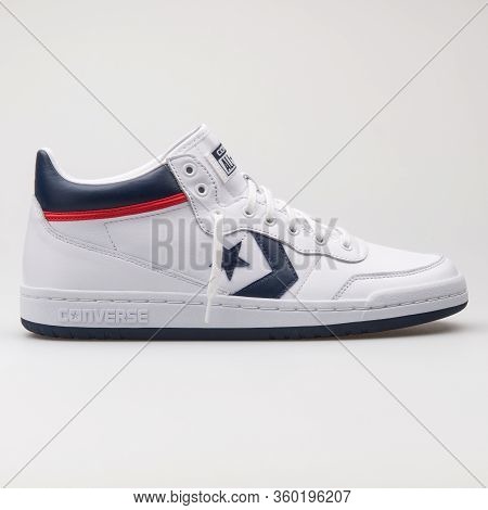 Vienna, Austria - August 14, 2017: Converse Chuck Taylor All Star Fastbreak 83 Mid White And Navy Bl