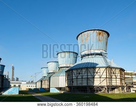 Industrial Landscape With View Of Several Ball Gasholders With Lightning Protection And Safety Valve