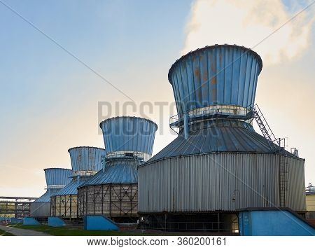 Industrial Landscape With View Of Several Ball Gasholders With Lightning Protection And Safety Valve