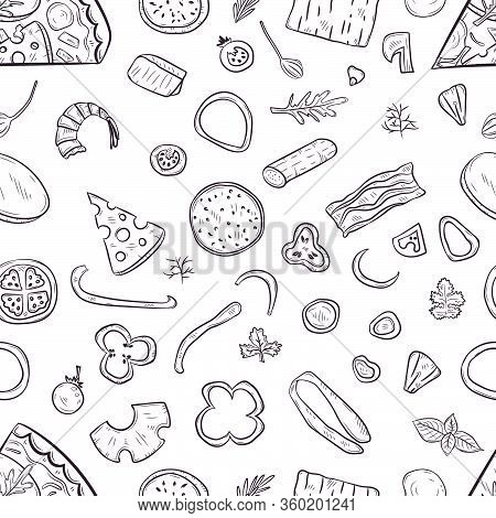 Vector Seamless Pattern With Hand Drawn Pizza And Pizza Igridients