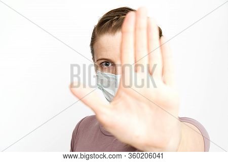Say Stop For Coronavirus. Beaterfull Woman Show Stop By Hand, Gesture For Stop Corona Virus. No Coro
