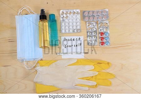 Vials For Hand Disinfection, Medical Masks And Folk Immunostimulants And Vitamins. Coronavirus Prote