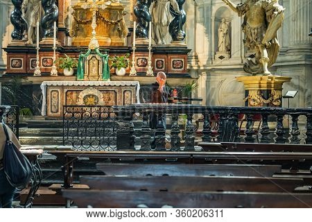 Como, Italy - August 4, 2019: Local People And Tourists In The Cathedral Of The Beautiful Italian Co