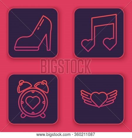 Set Line Woman Shoe With High Heel, Heart In The Center Alarm Clock, Music Note, Tone With Hearts An