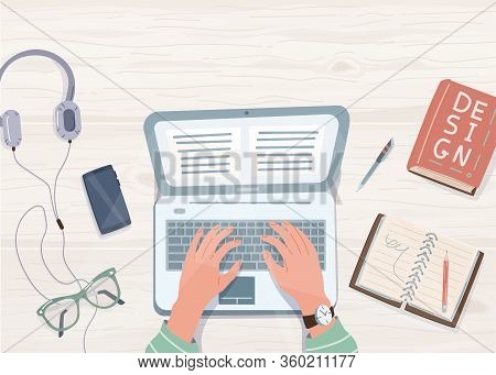 Elearning Study, Work At Home Concept Design. Laptop With Human Hands On It, Notebook, Pen, Pencil, 