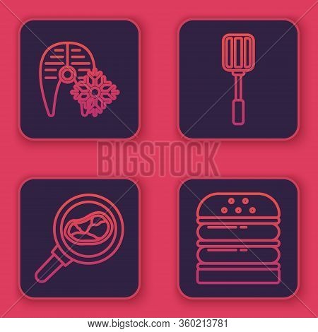 Set Line Fresh Frozen Fish Steak, Steak Meat In Frying Pan, Spatula And Burger. Blue Square Button. 