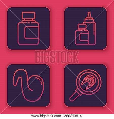 Set Line Sauce Bottle, Fried Chicken Wing, Sauce Bottle And Fish Steak In Frying Pan. Blue Square Bu