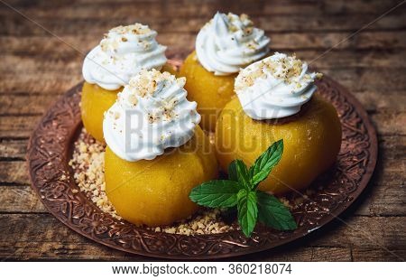 Traditional Bosnian Apple Cake Filled With Walnut And Decorated With Cream