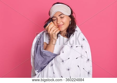 Close Up Portrait Of Dark Haired Woman Posing With Closed Eyes, Holding Takeaway Hot Coffee, Enjoyin